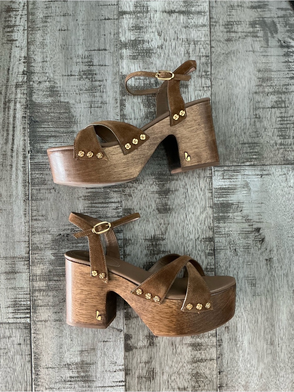 Larroude Suede Platform Sandals in Russet with Gold Accents 7.5